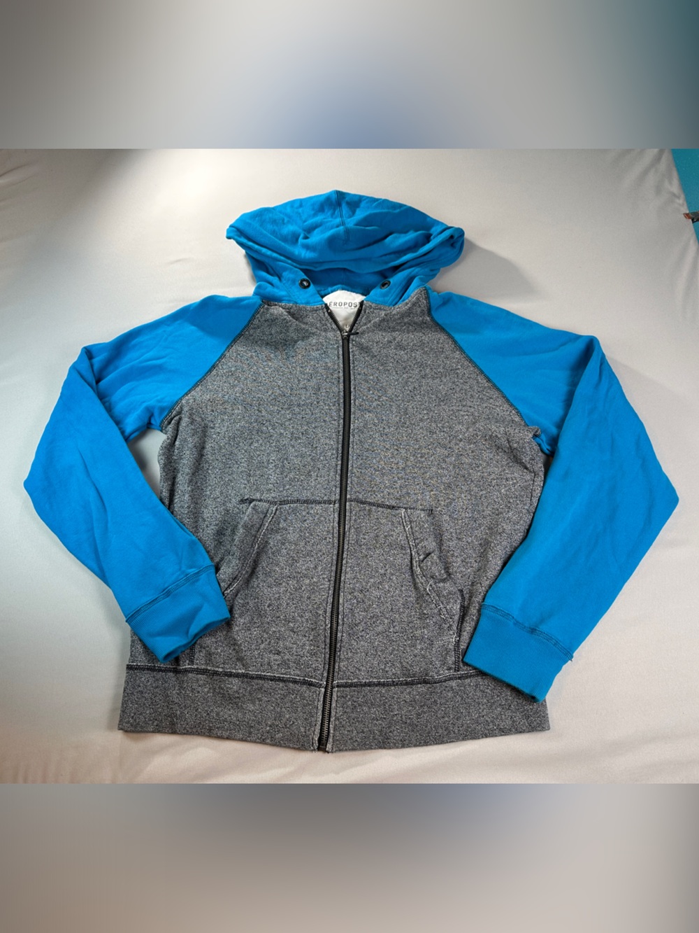 Aeropostale Full-Zip Hoodie Large Gray Body Bright Blue Sleeve & Hood